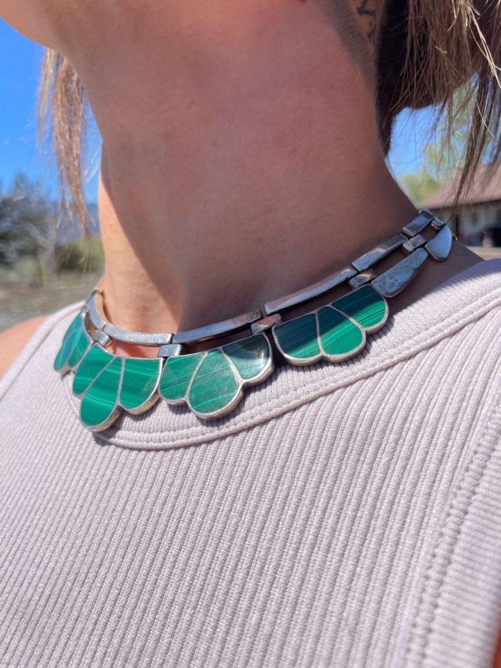 Vintage sterling silver heavy mexico malachite 925 necklace - Picture 3 of 12